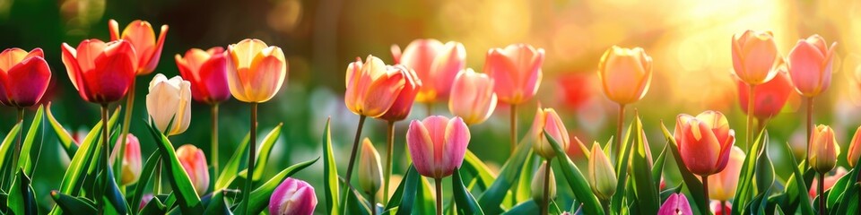 Naklejka premium Field Of Tulips. Colorful Tulip Landscape in Spring Daylight Panorama