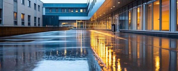 Hospital exterior during a rainy day, reflecting lights on the wet pavement, hospital building, atmosphere