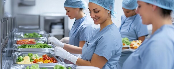 Hospital kitchen staff preparing nutritious meals, focus on healthy options, nutrition, hospital care
