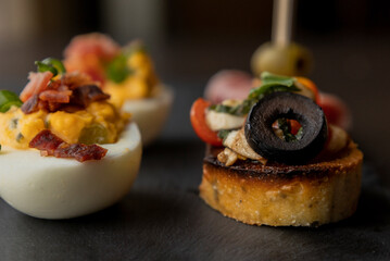 Holiday Appetizer Set with Deviled Eggs, Bruschettas, and Spirals