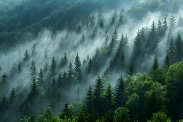 Misty Morning Forest Scene with Sunrays - Nature's Tranquility and Serenity