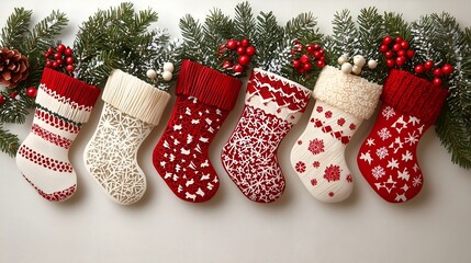 Festive Christmas Stockings with Pine Branches and Berries - Holiday Decoration Stock Image