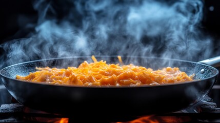 Fresh pasta simmers in a skillet as melted cheese creates a rich, creamy texture, filling the kitchen with warmth and inviting aromas