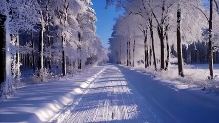 In a winter landscape in Germany, a road covered in snow and trees covered in snow.
