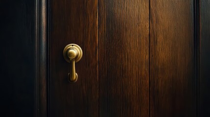 Close-up of a vintage wooden door with a brass handle.