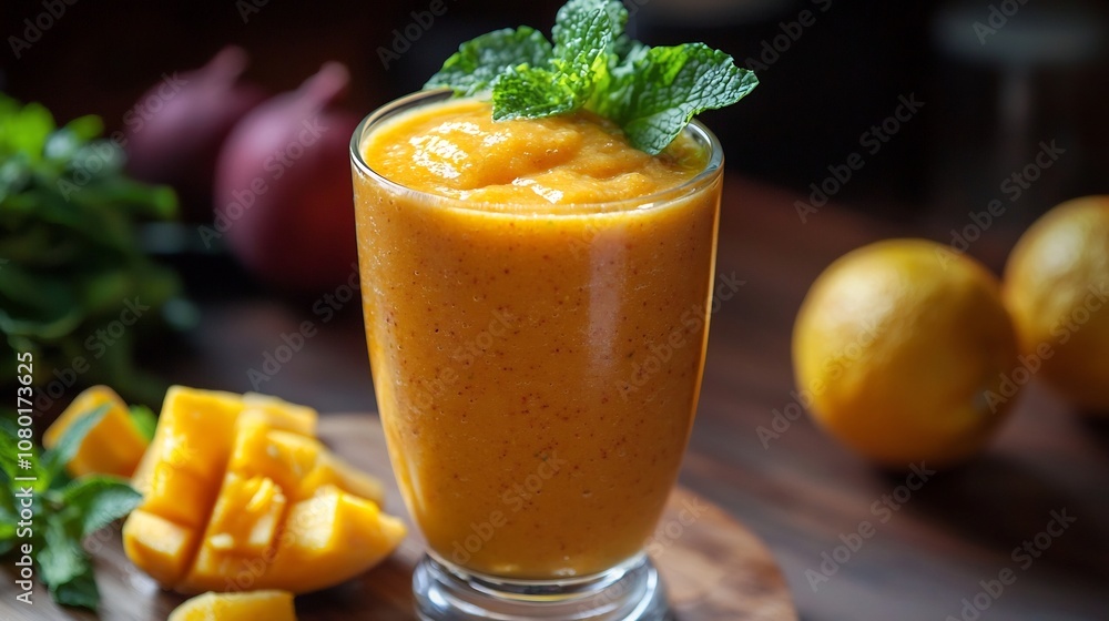 Wall mural Health Diabetic-friendly Intake Diabetic-Friendly Mango Orange Smoothie with Fresh Ingredients and Copy Space