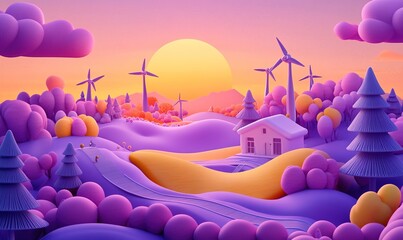 Vibrant 3D Animated Scene for World Environment Protection Day: Showcasing Renewable Energy in a Futuristic Setting Inspired by Nature and Technology, Emphasizing Sustainability and Environmental Awar