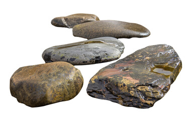 A collection of various textured stones on a white isolated background, showcasing natural beauty and diversity.