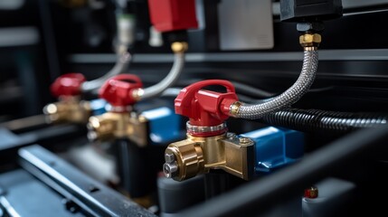 Close-up view of industrial pneumatic tools connected to a compressed air system, with hoses and red valves visible