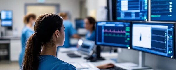 Modern nurse station with multiple monitors, staff working efficiently, organization, healthcare team