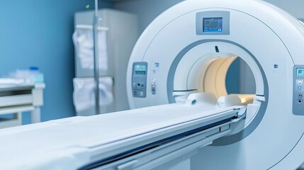 MRI room with advanced scanning equipment, prepared for the next patient, radiology, technology