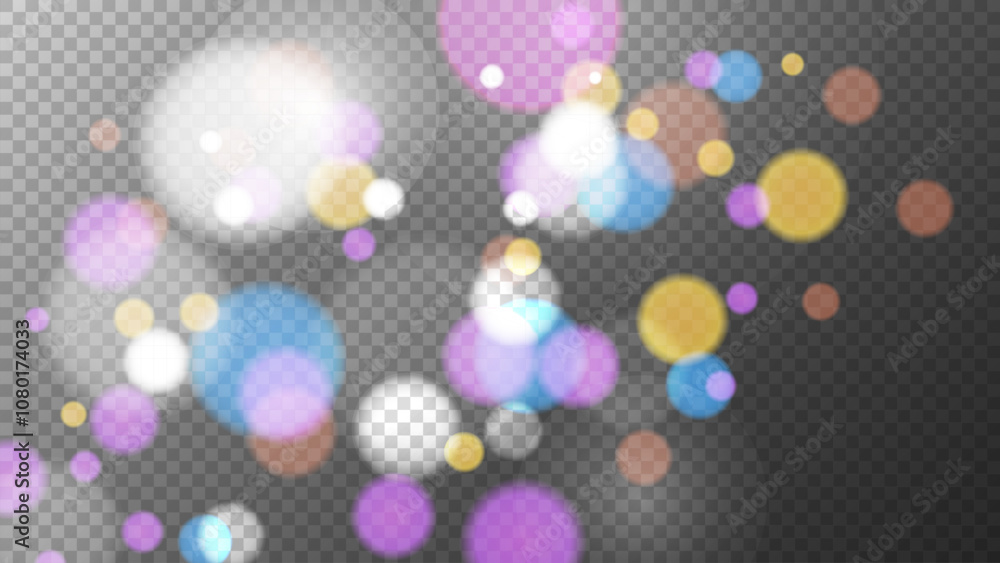 Poster bright bokeh lights. vibrant blur light effect. abstract blurred overlay design. transparent backgro