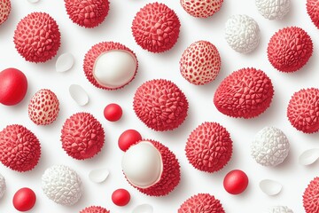Colorful and textured red and white fruits on a white background.