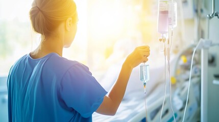 Nurse adjusting IV drip in a sterile hospital room, sunlight streaming in, patient care, safety