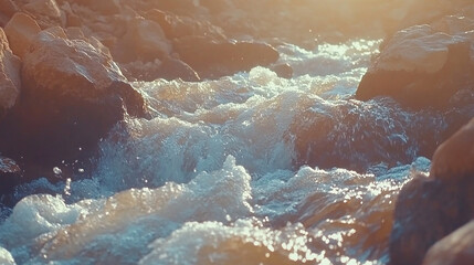 Close-up of a rushing stream of water flowing over rocks, illuminated by the warm rays of the setting sun.