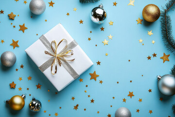 beautifully wrapped gift box with silver ribbon sits on blue background, surrounded by festive decorations like shiny ornaments and golden stars, creating joyful holiday atmosphere