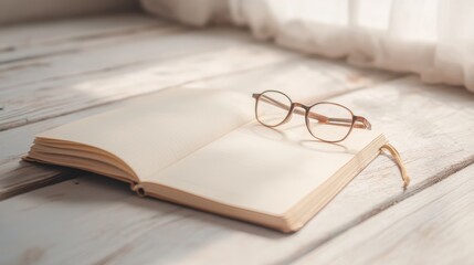 A book is open on a wooden table with a pair of glasses on top of it