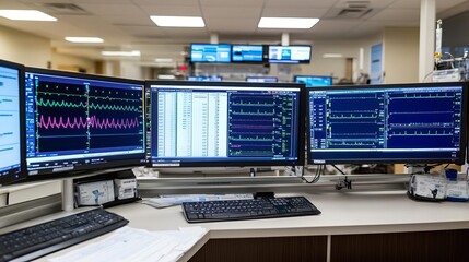 Fototapeta premium Nurse station with multiple screens displaying patient information, active environment, organization, efficiency