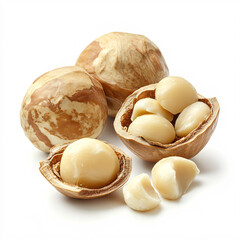 Description:** A close-up of macadamia nuts, showcasing their hard shells and creamy, round kernels spilling from the cracked shell.