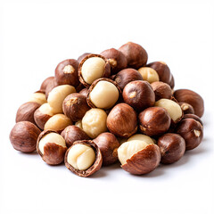 Obraz premium A close-up image of mixed hazelnuts showcasing their hard brown shells and creamy inner kernels, highlighting their natural textures and colors.