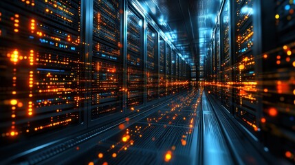 A row of powerful servers in a dark data center with glowing lights.