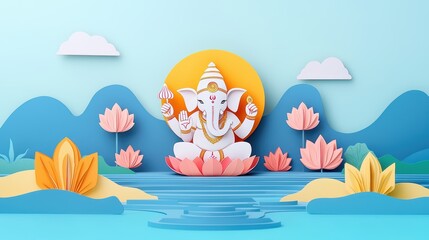 Colorful paper art featuring Ganesha surrounded by serene nature.