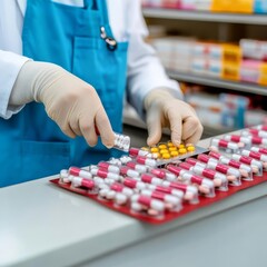 Naklejka premium Pharmacist preparing medication behind a counter in a hospital pharmacy, pharmacy, precision