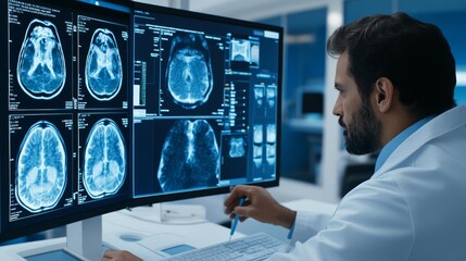 Radiologist examining CT scan results on a digital monitor, radiology, technology