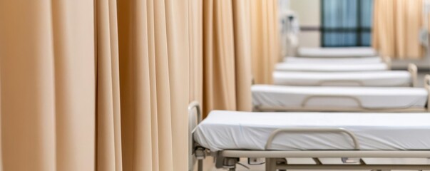 Rows of hospital beds with privacy curtains drawn, quiet atmosphere, hospital ward, patient care