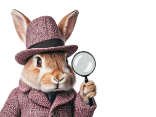 A rabbit detective in a stylish outfit, holding a magnifying glass, perfect for whimsical illustrations.