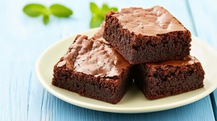 Delicious homemade chocolate brownie squares on a plate.