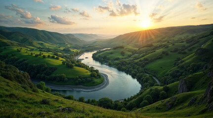 Fototapeta premium Scenic Landscape of a Serene River Valley with Lush Green Hills and Sunlit Sky at Sunset