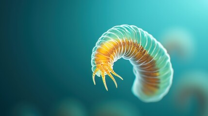 Microscopic view of transparent helminth parasite Close-up of a helminth parasite under magnification, showcasing translucent body structure and fine details against a blue-green background