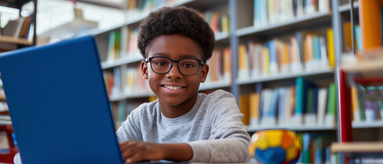Smiling Young African American Boy Using Laptop in Library Surrounded by Bookshelves.