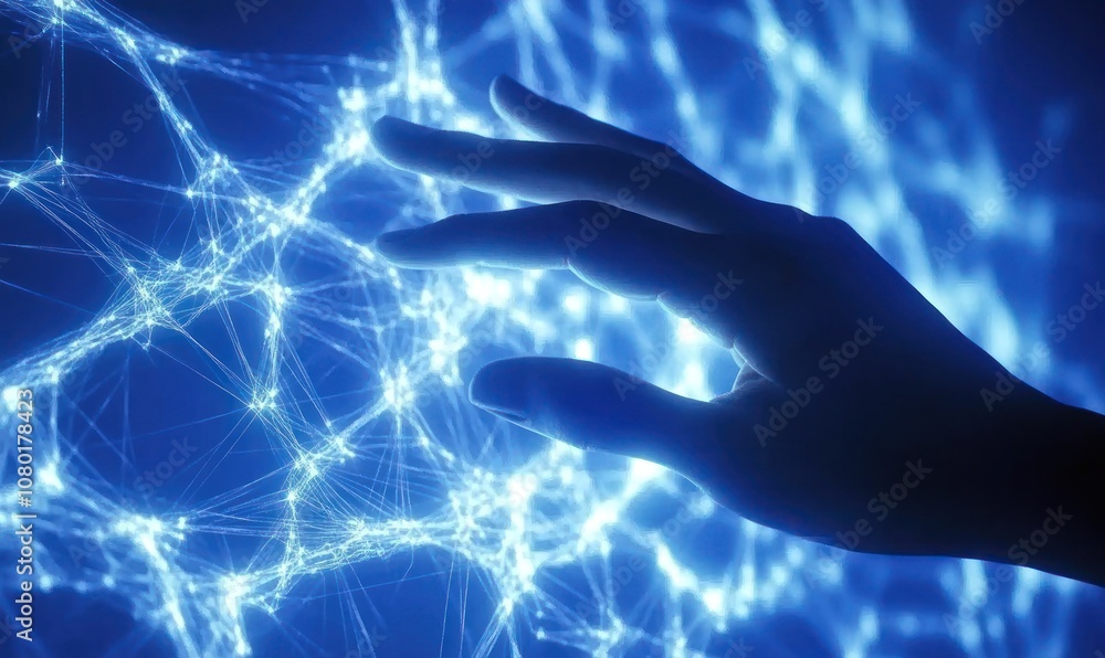 Poster a hand reaches towards a glowing network of interconnected nodes, symbolizing technology and connect