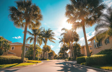 Fototapeta premium sunny street lined with palm trees, showcasing vibrant neighborhood. bright sun shines through leaves, creating warm and inviting atmosphere