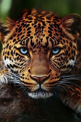 Obraz premium Intense Gaze of a Leopard Majestic Wild Cat Rests in a Lush, Vibrant Forest Habitat.
