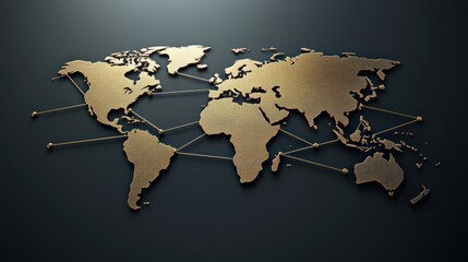 A stylized golden world map highlighting interconnectedness through lines and nodes, symbolizing global communication and connectivity.