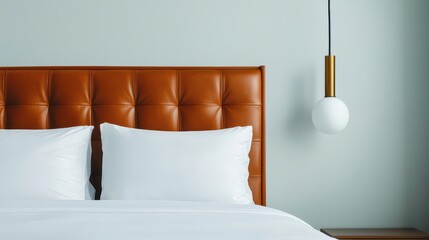 Modern bedroom interior with stylish headboard and pendant light.