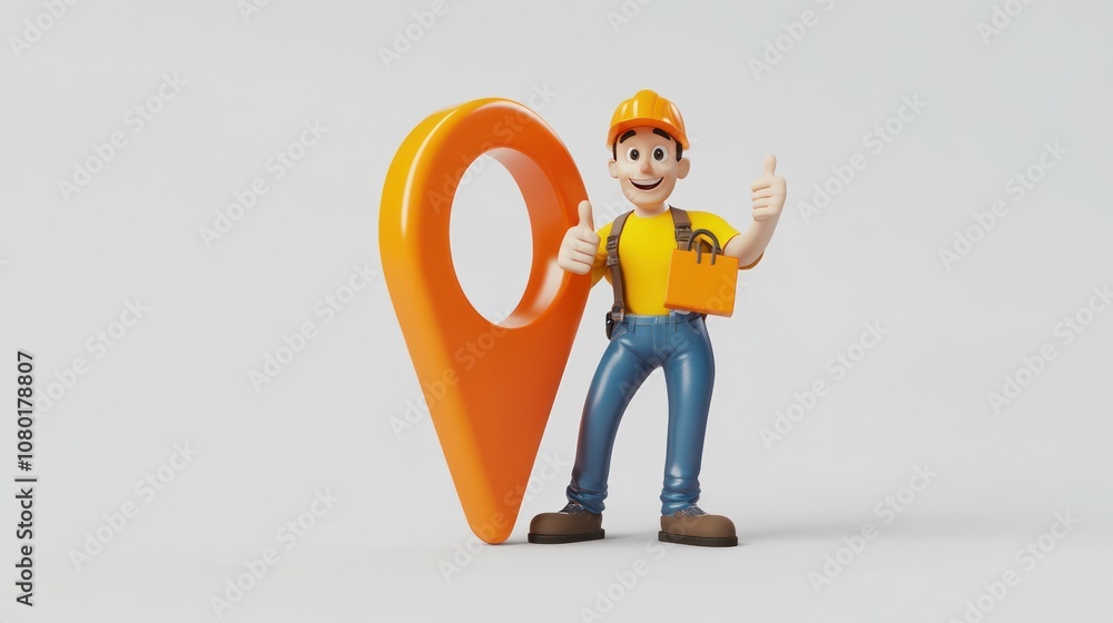 Aufkleber a cheerful construction worker with a location pin, symbolizing construction and guidance.