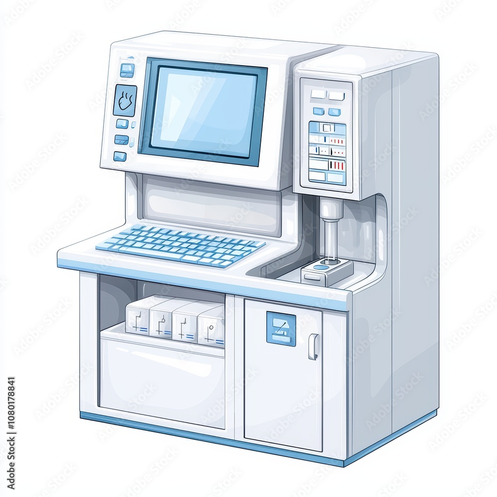 Poster modern lab equipment with a computer interface and sample holder.