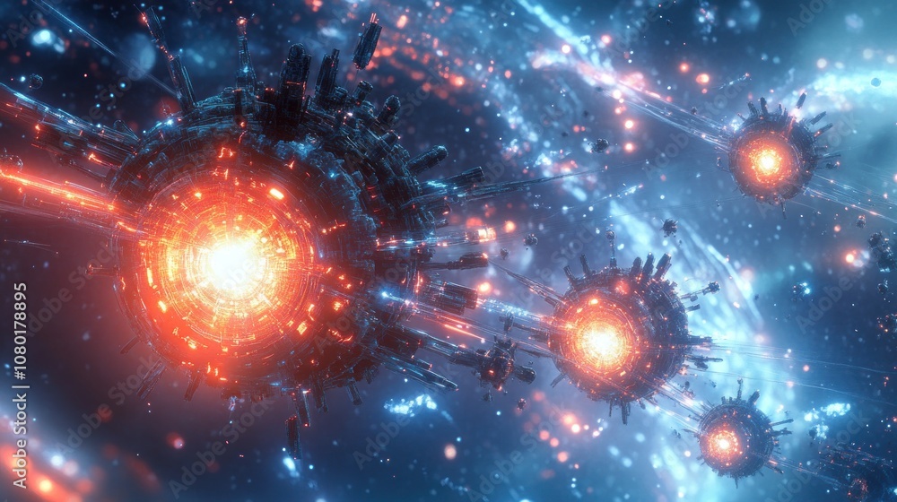 Poster abstract glowing spheres in deep space with swirling nebulae.