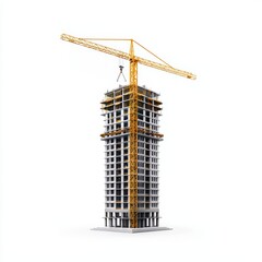 Modern skyscraper under construction with yellow crane visible.