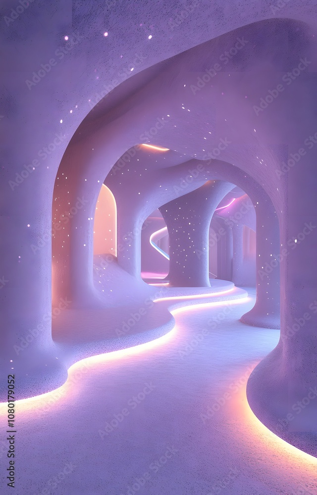 Poster 92. a 3d environment with soft curves, glowing lights, and ample space for a product to be displayed