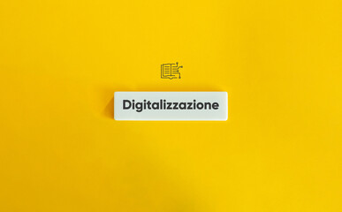 Digitisation Word and Concept Image. The Conversion of Analog Data Into Digital Form. Icon and Text on Block Letter Tile on Solid Yellow Background.