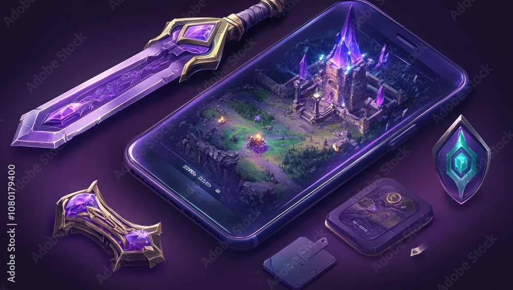 Poster a digital game scene displayed on a smartphone, surrounded by fantasy-themed items.