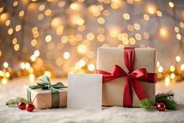 Elegant Blank Christmas Greeting Card Surrounded by Beautifully Wrapped Gift Boxes on Soft Fabric Background, Perfect for Holiday Wishes and Messages