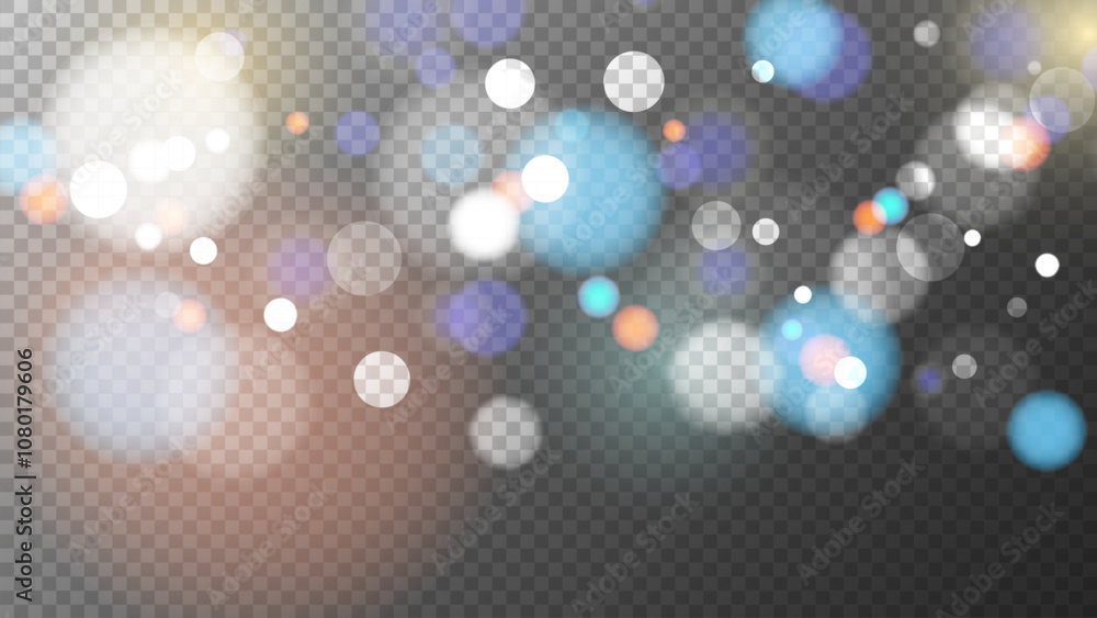 Poster vibrant bokeh lights. bright blur light effect. transparent background. abstract blurred overlay des