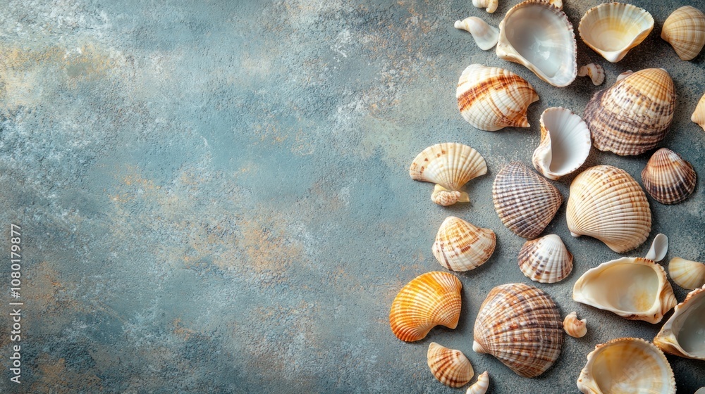 Poster a collection of various seashells arranged on a textured surface.