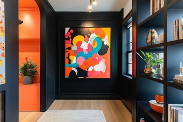 Modern entryway with black accents, built-in shelving, and a vibrant pop of color from a contemporary art piece.